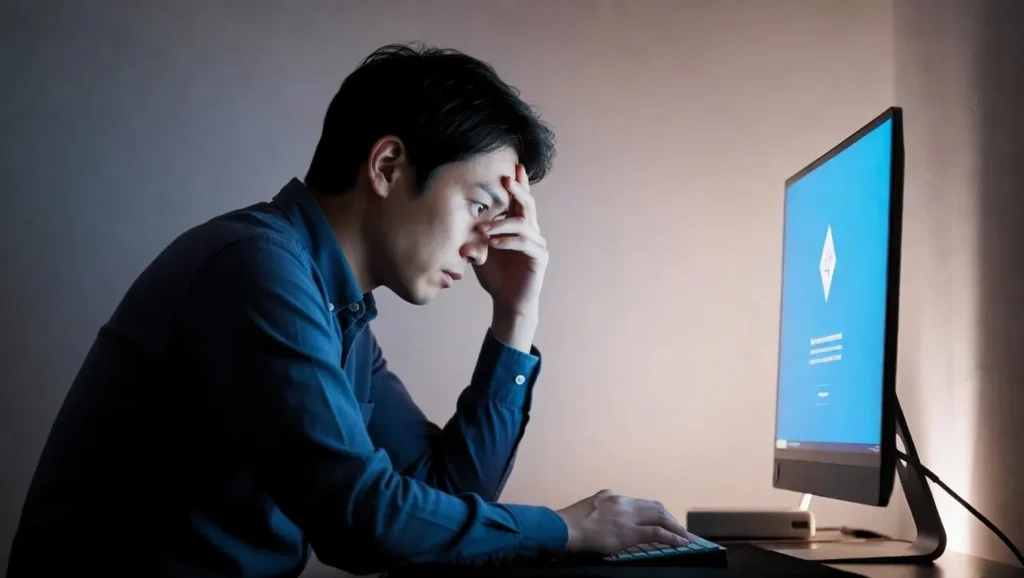 PCの前で悩んでいる男性